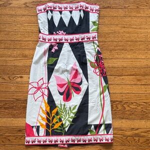 Tibi Strapless Floral Butterfly Print Dress in Pink, Black, White, Green